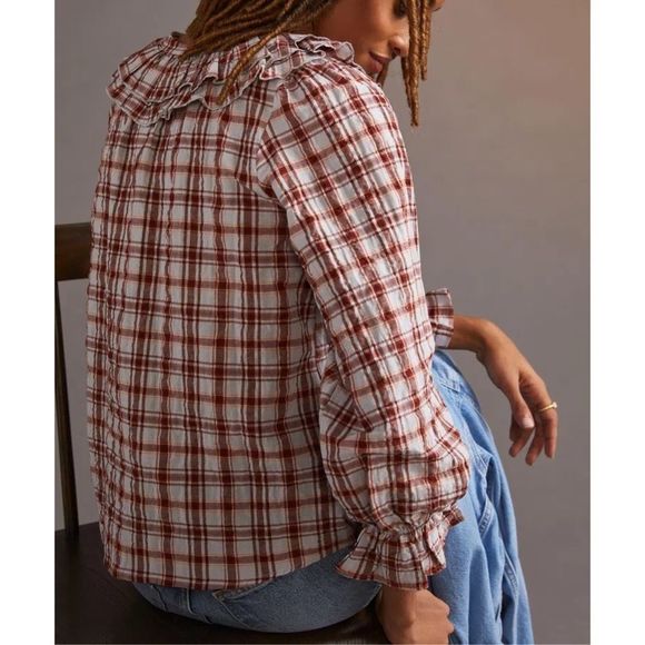 Anthropologie Maeve Ruffled Plaid Buttondown Red Mottif NWT M - Picture 2 of 12